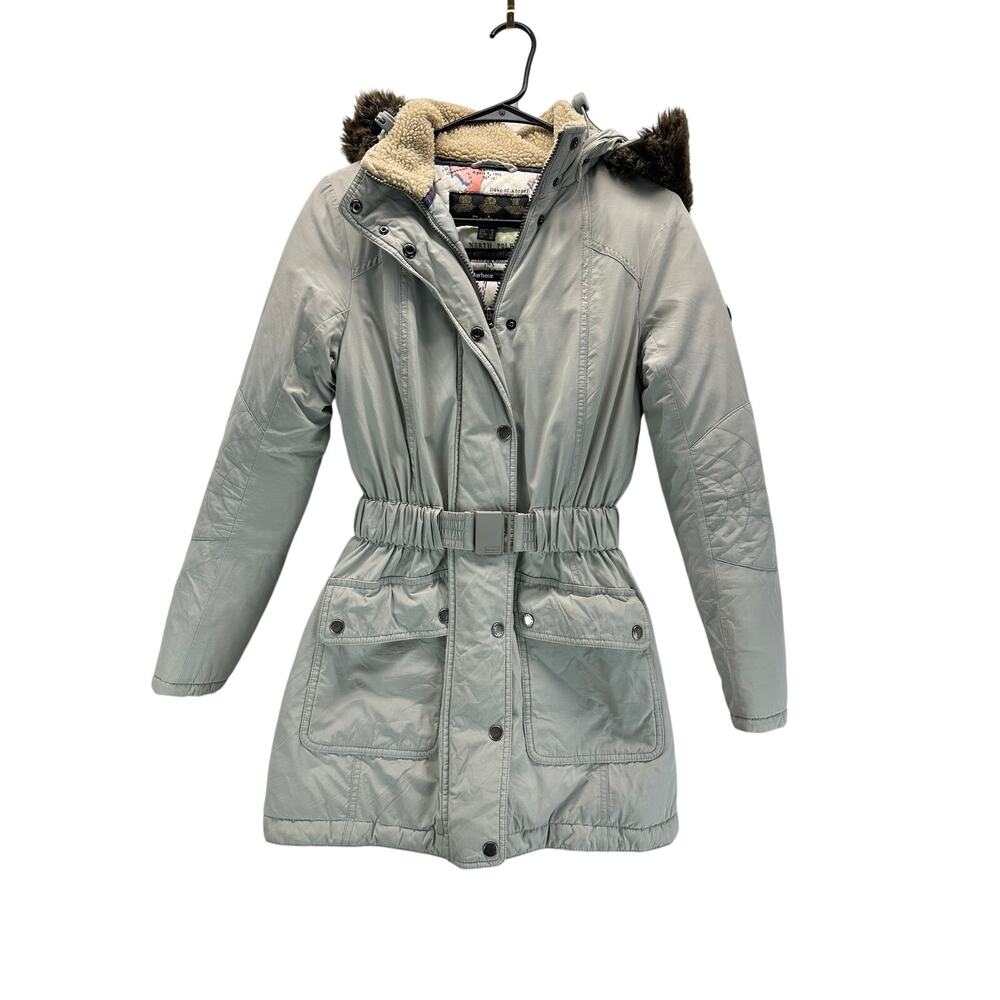 Barbour Kirkby Parka Coat Gray Hooded Belted Waterproof Jacket 6 Winter